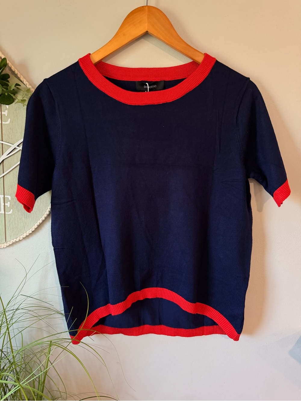 Classic Navy Short Sleeve Top with Red Trim